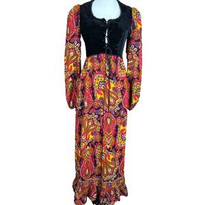 RARE 70s Vintage Young Innocent Maxi Corset Prairie Dress Bright Paisley Velvet